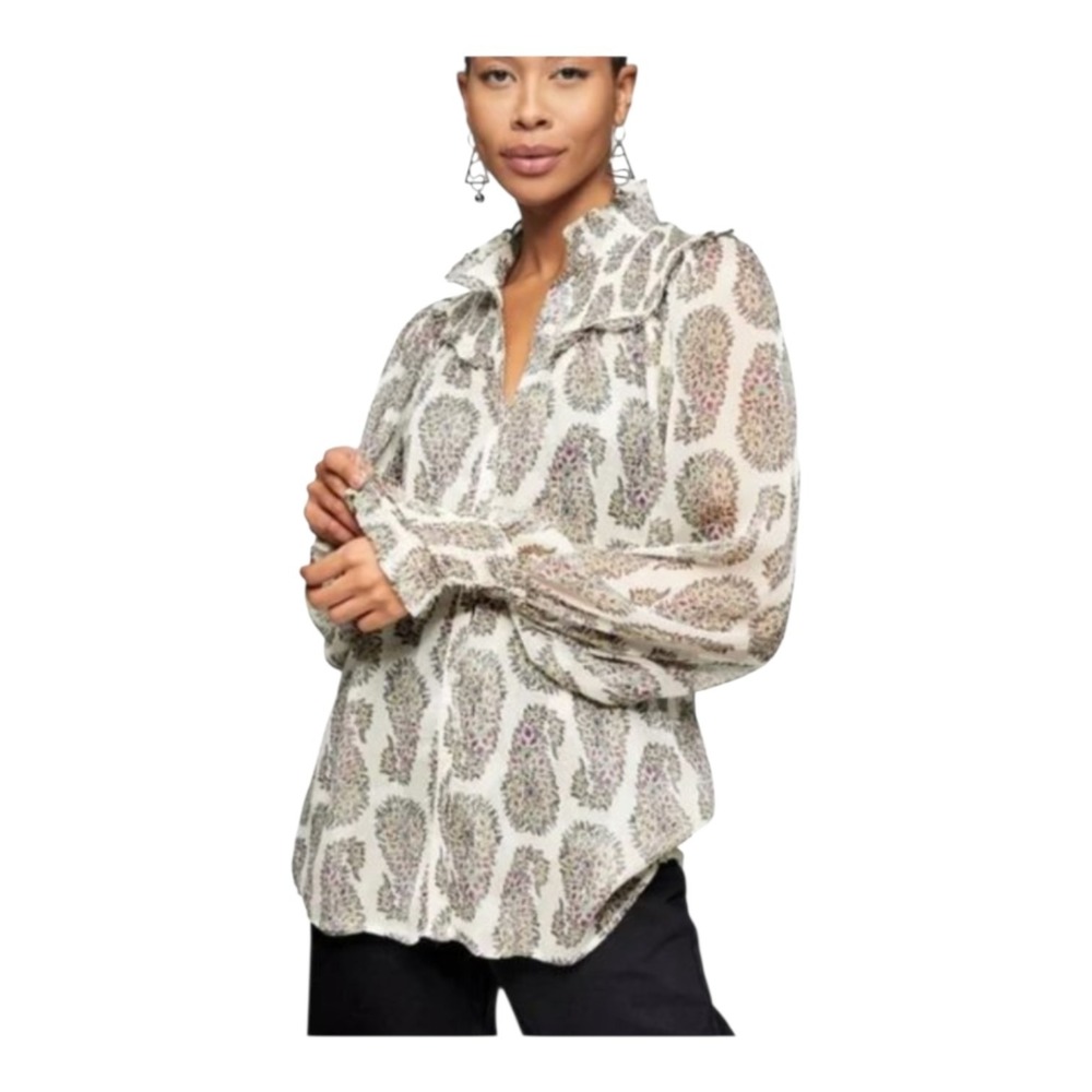 TopShop Womens 4 Sheer Cream Lavender Paisley Print Shirred Button Up Blouse Top